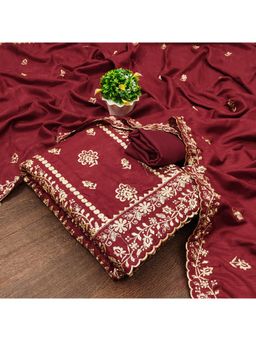 Zeepkart - Vichitra Silk Blend Maroon Embroidered Thread Work Unstitched Dress Material (Set of 3)