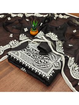 Zeepkart - Vichitra Cotton Blend Black Embroidered Lace Work Unstitched Dress Material (Set of 3)