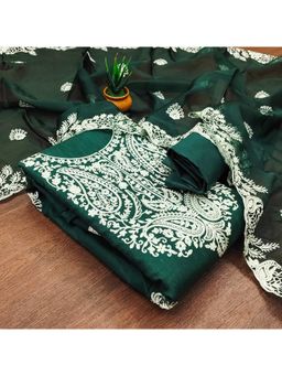 Zeepkart - Vichitra Cotton Blend Green Embroidered Lace Work Unstitched Dress Material (Set of 3)