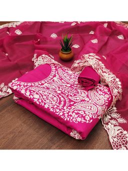 Zeepkart - Vichitra Cotton Blend Pink Embroidered Lace Work Unstitched Dress Material (Set of 3)