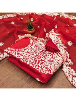 Zeepkart - Vichitra Cotton Blend Red Embroidered Lace Work Unstitched Dress Material (Set of 3)