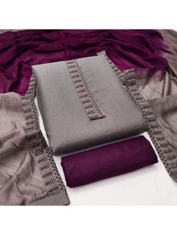 Zeepkart - Vichitra Cotton Blend Grey Embroidered Thread Work Unstitched Dress Material (Set of 3)