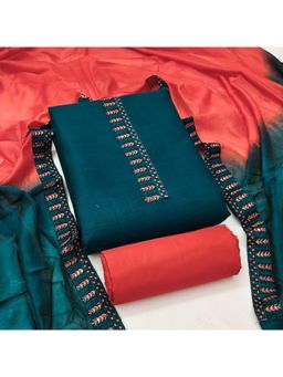 Zeepkart - Vichitra Cotton Blend Teal Embroidered Thread Work Unstitched Dress Material (Set of 3)