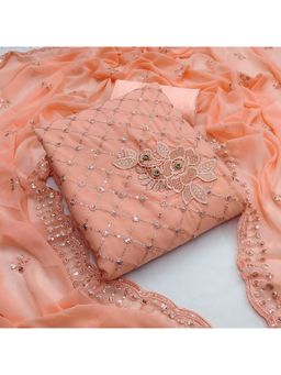 Zeepkart - Vichitra Georgette Peach Embroidered Sequined Unstitched Dress Material (Set of 3)
