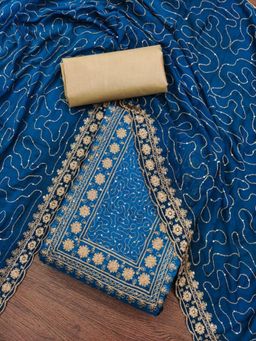 Zeepkart - Vichitra Silk Blend Blue Embroidered Sequined Unstitched Dress Material (Set of 3)