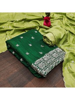 Zeepkart - Vichitra Silk Blend Green Embroidered Thread Work Unstitched Dress Material (Set of 3)