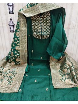 Zeepkart - Vichitra Cotton Blend Green Embroidered Sequined Unstitched Dress Material (Set of 3)