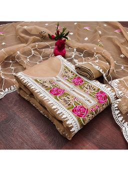 Zeepkart - Vichitra Organza Silk Brown Embroidered Thread Work Unstitched Dress Material (Set of 3)