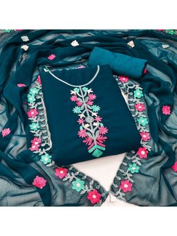 Zeepkart - Vichitra Georgette Blue Embroidered Thread Work Unstitched Dress Material (Set of 3)