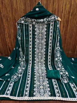 Zeepkart - Vichitra Georgette Green Embroidered Lace Work Unstitched Dress Material (Set of 3)