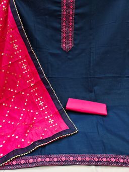 Zeepkart - Vichitra Cotton Blend Blue Embroidered Sequined Unstitched Dress Material (Set of 3)