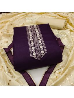Zeepkart - Vichitra Cotton Blend Purple Embroidered Sequined Unstitched Dress Material (Set of 3)