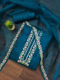 Zeepkart - Vichitra Organza Silk Teal Embroidered Thread Work Unstitched Dress Material (Set of 3)