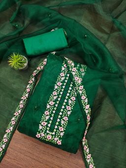 Zeepkart - Vichitra Organza Silk Green Embroidered Thread Work Unstitched Dress Material (Set of 3)