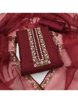 Zeepkart - Vichitra Organza Silk Maroon Embroidered Thread Work Unstitched Dress Material (Set of 3)