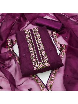 Zeepkart - Vichitra Organza Silk Purple Embroidered Thread Work Unstitched Dress Material (Set of 3)