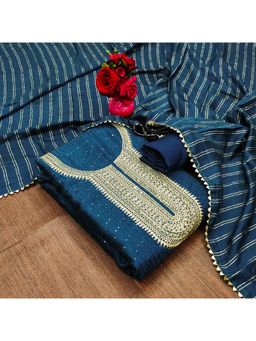 Zeepkart - Vichitra Chanderi Blue Embroidered Sequined Unstitched Dress Material (Set of 3)