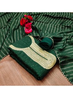 Zeepkart - Vichitra Chanderi Green Embroidered Sequined Unstitched Dress Material (Set of 3)