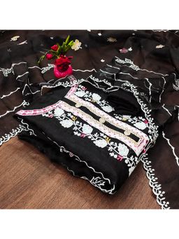 Zeepkart - Vichitra Organza Silk Black Embroidered Thread Work Unstitched Dress Material (Set of 3)