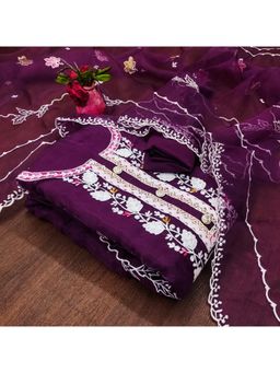 Zeepkart - Vichitra Organza Silk Purple Embroidered Thread Work Unstitched Dress Material (Set of 3)