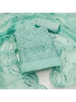 Zeepkart - Vichitra Chanderi Turquoise Embroidered Mirror Work Unstitched Dress Material (Set of 3)