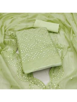 Zeepkart - Vichitra Chanderi Green Embroidered Mirror Work Unstitched Dress Material (Set of 3)