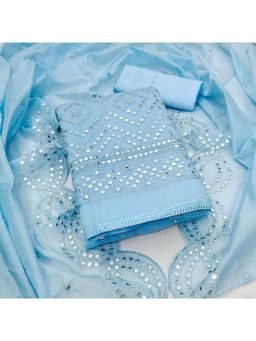 Zeepkart - Vichitra Chanderi Blue Embroidered Mirror Work Unstitched Dress Material (Set of 3)