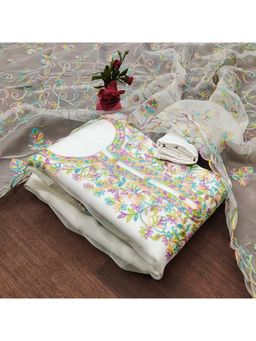 Zeepkart - Vichitra Chanderi White Embroidered Thread Work Unstitched Dress Material (Set of 3)