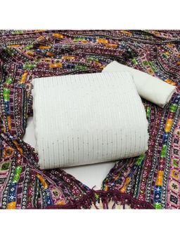 Zeepkart - Vichitra Chanderi White Brown Stripes Sequined Unstitched Dress Material (Set of 3)