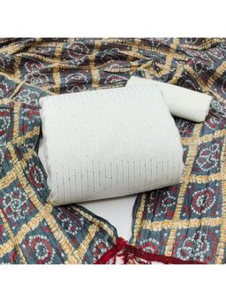 Zeepkart - Vichitra Chanderi White Grey Stripes Sequined Unstitched Dress Material (Set of 3)