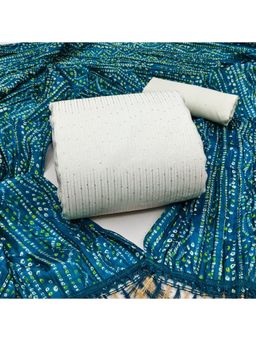 Zeepkart - Vichitra Chanderi White Blue Stripes Sequined Unstitched Dress Material (Set of 3)