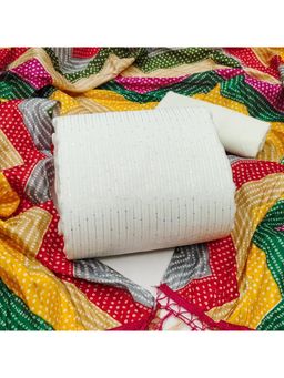 Zeepkart - Vichitra Chanderi White Stripes Sequined Unstitched Dress Material (Set of 3)