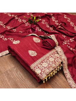 Zeepkart - Vichitra Silk Blend Red Embroidered Unstitched Dress Material (Set of 3)