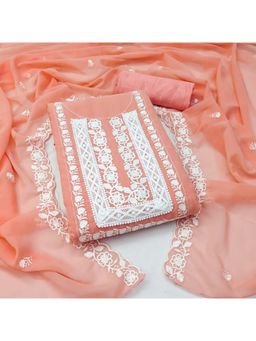 Zeepkart - Vichitra Georgette Peach Embroidered Lace Work Unstitched Dress Material (Set of 3)