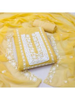 Zeepkart - Vichitra Georgette Yellow Embroidered Lace Work Unstitched Dress Material (Set of 3)