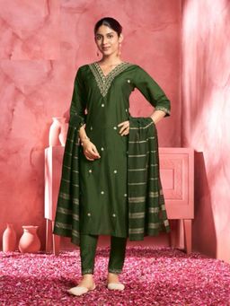 Zeepkart - Vichitra Silk Blend Green Embroidered Sequined Unstitched Dress Material (Set of 3)