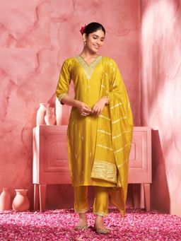 Zeepkart - Vichitra Silk Blend Yellow Embroidered Sequined Unstitched Dress Material (Set of 3)