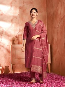 Zeepkart - Vichitra Silk Blend Pink Embroidered Sequined Unstitched Dress Material (Set of 3)