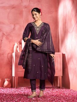 Zeepkart - Vichitra Silk Blend Purple Embroidered Sequined Unstitched Dress Material (Set of 3)