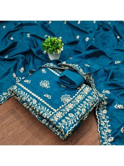 Zeepkart - Vichitra Silk Blend Blue Embroidered Thread Work Unstitched Dress Material (Set of 3)