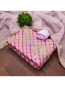 Zeepkart - Vichitra Chanderi Pink Embroidered Checks Unstitched Dress Material (Set of 3)