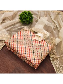 Zeepkart - Vichitra Chanderi Orange Embroidered Checks Unstitched Dress Material (Set of 3)