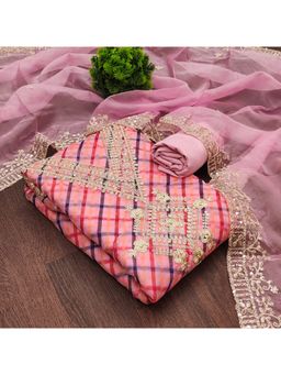 Zeepkart - Vichitra Chanderi Peach Embroidered Checks Unstitched Dress Material (Set of 3)