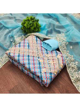Zeepkart - Vichitra Chanderi Turquoise Embroidered Checks Unstitched Dress Material (Set of 3)