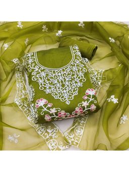 Zeepkart - Vichitra Organza Silk Olive Embroidered Thread Work Unstitched Dress Material (Set of 3)