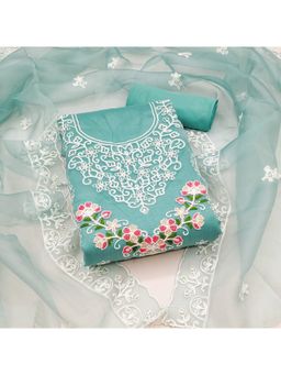 Zeepkart - Vichitra Organza Silk Turquoise Embroidered Unstitched Dress Material (Set of 3)