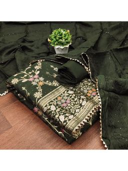 Zeepkart - Vichitra Chanderi Green Floral Gota Unstitched Dress Material (Set of 3)