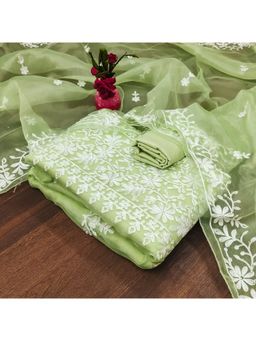 Zeepkart - Vichitra Organza Silk Green Embroidered Lace Work Unstitched Dress Material (Set of 3)