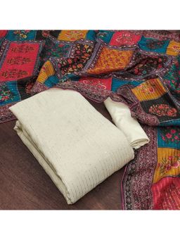 Zeepkart - Vichitra Chanderi White Stripes Sequined Unstitched Dress Material (Set of 3)