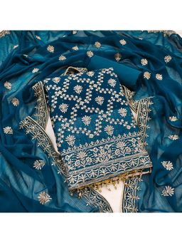 Zeepkart - Vichitra Silk Blend Blue Embroidered Unstitched Dress Material (Set of 3)